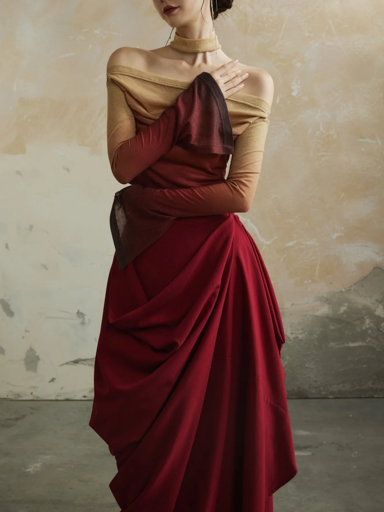 Plain Asymmetry Drape Feminine Elegant Long-Skirt