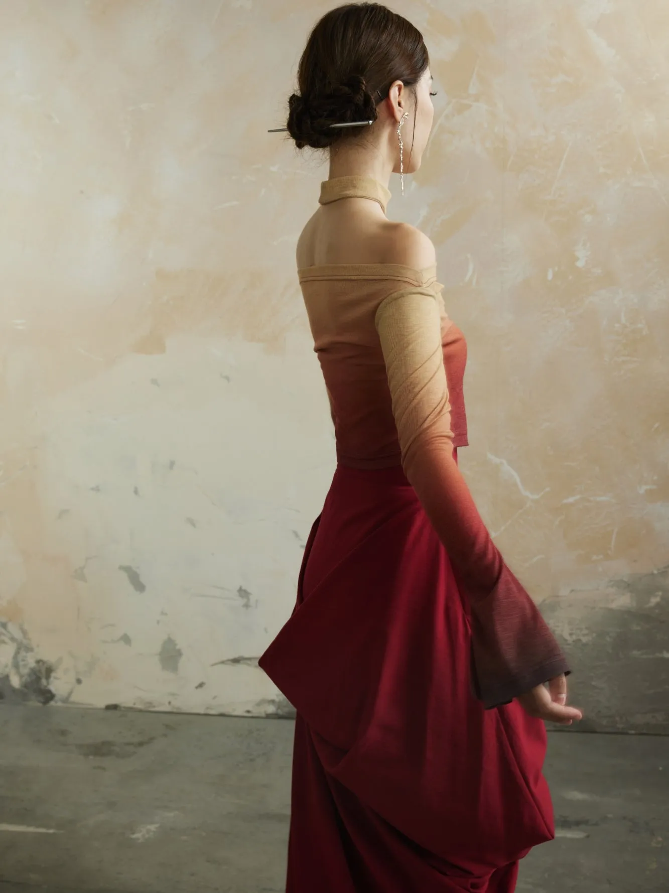 Plain Asymmetry Drape Feminine Elegant Long-Skirt