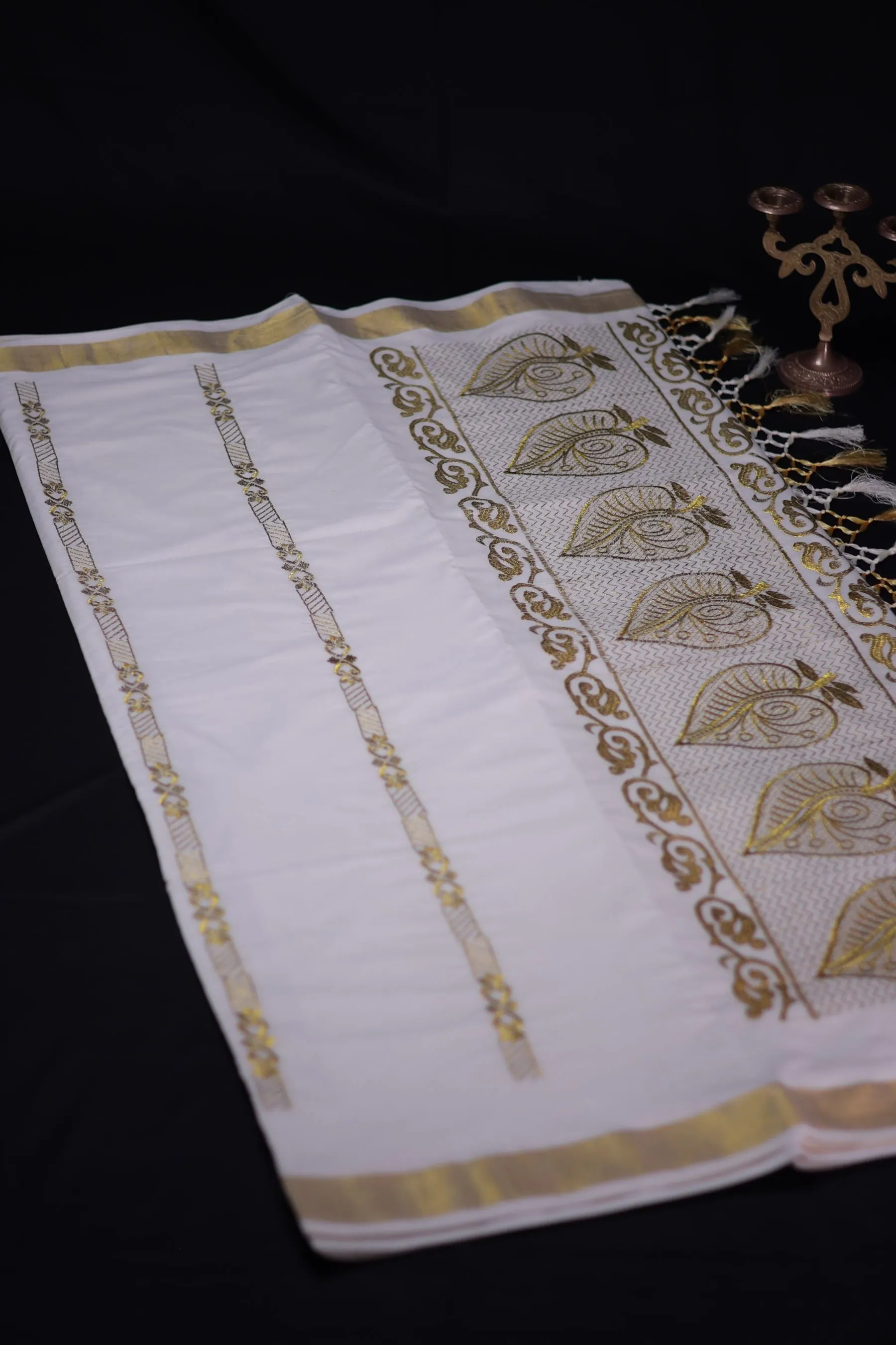 Premium Kerala Cotton Saree with Embroidery and Copper Zari Border