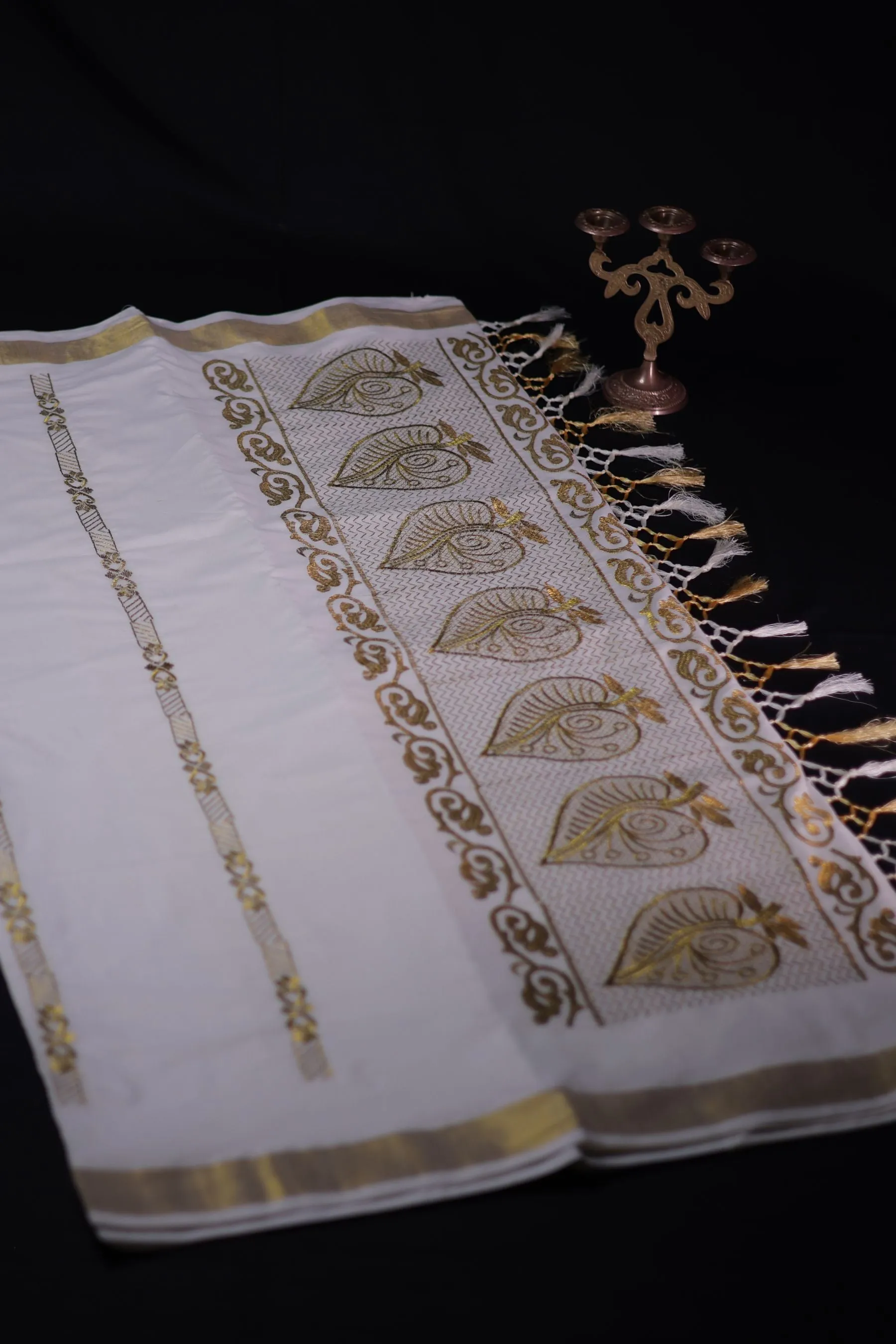 Premium Kerala Cotton Saree with Embroidery and Copper Zari Border