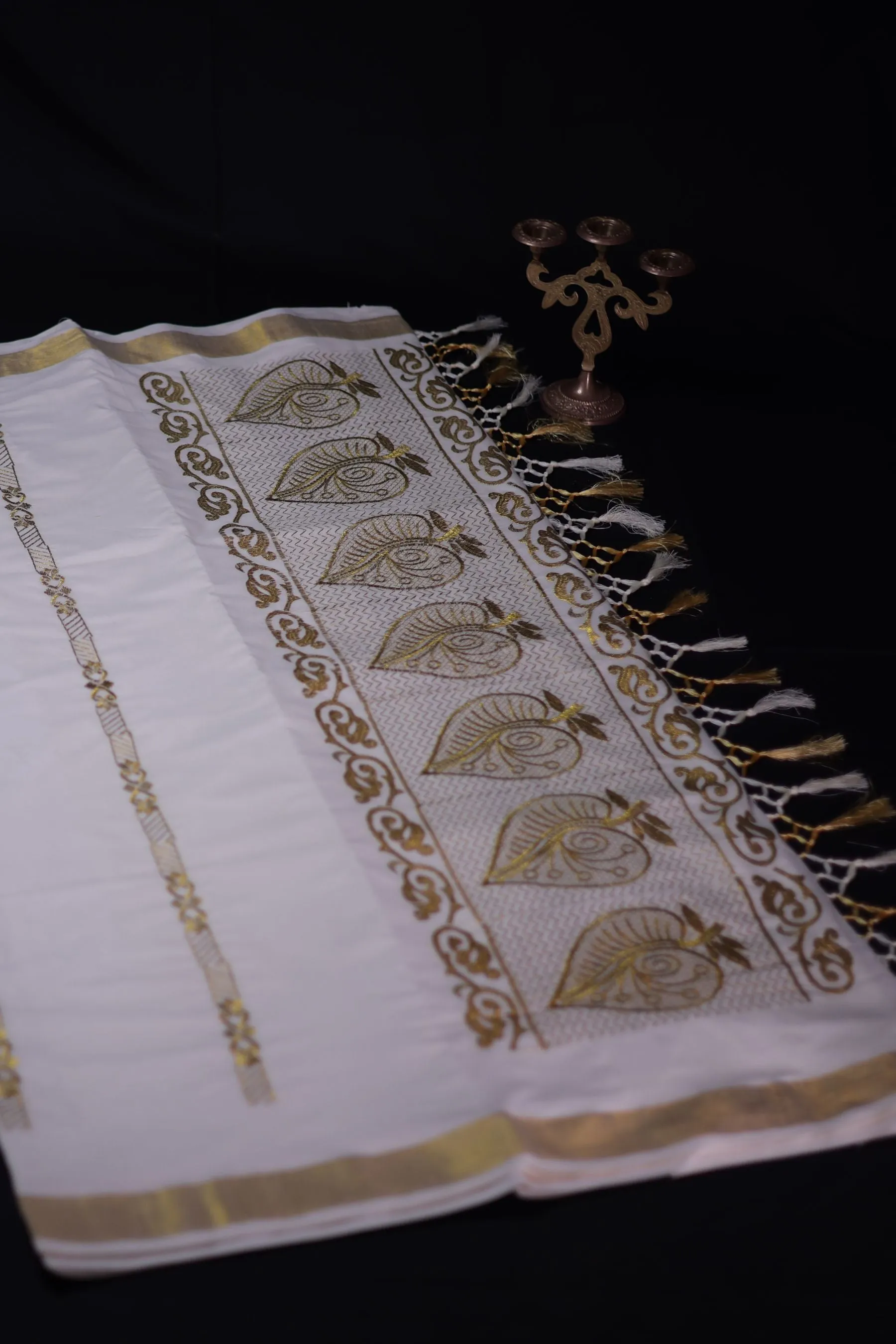 Premium Kerala Cotton Saree with Embroidery and Copper Zari Border