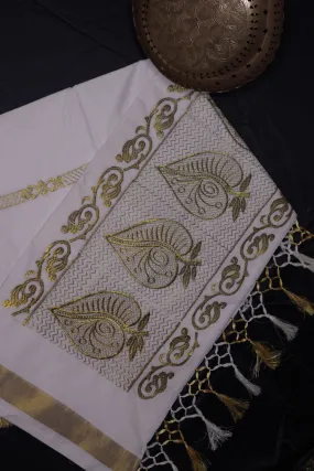 Premium Kerala Cotton Saree with Embroidery and Copper Zari Border