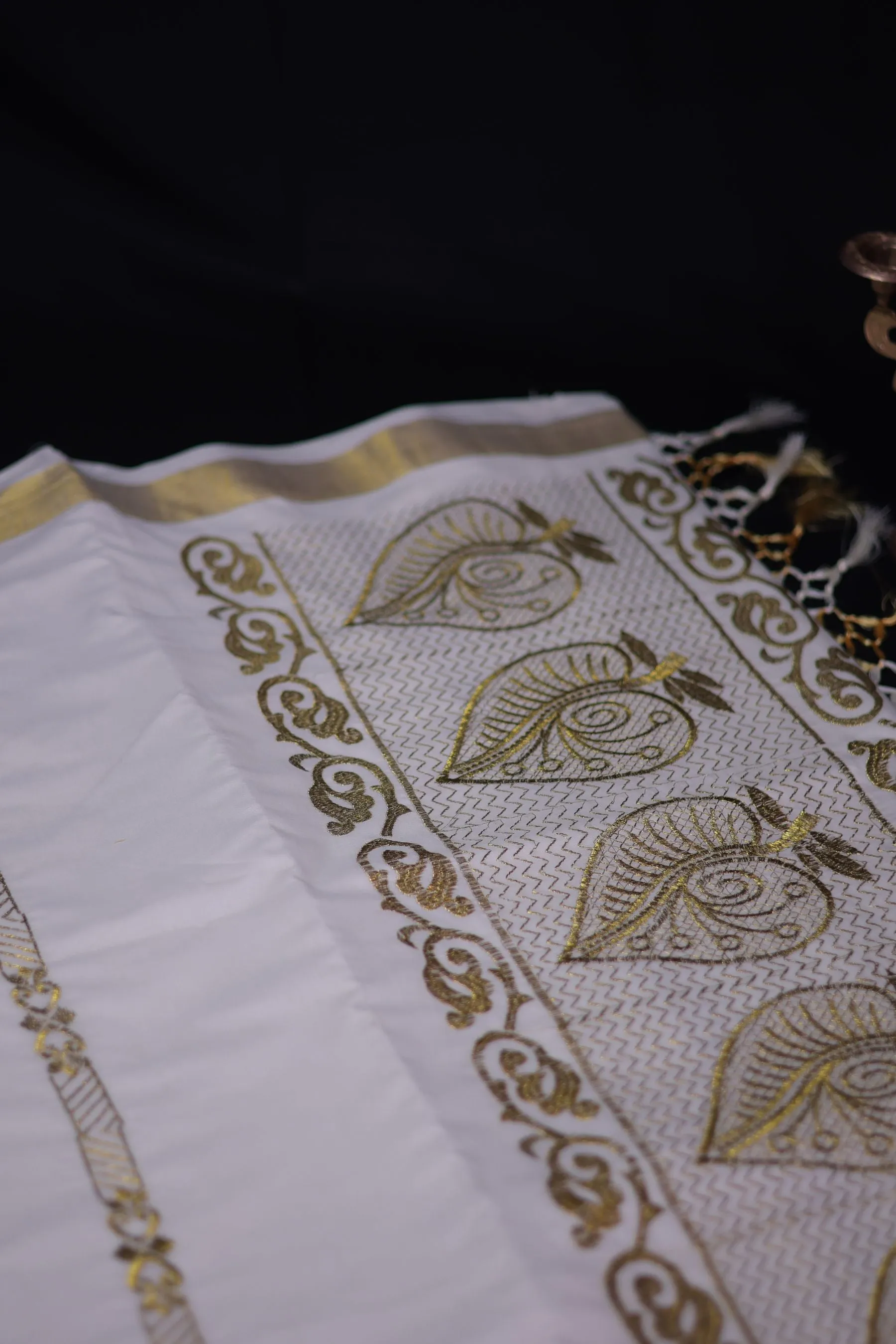 Premium Kerala Cotton Saree with Embroidery and Copper Zari Border