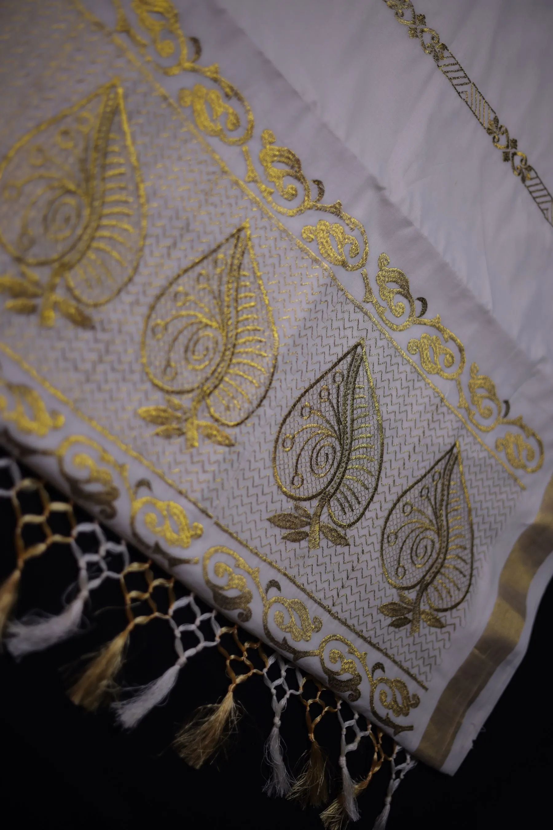 Premium Kerala Cotton Saree with Embroidery and Copper Zari Border