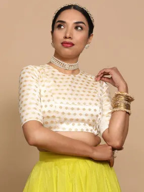 Riti x Tyohaar | Elbow Sleeves Satin Viscose Saree Blouse in Cream Butta Fabric