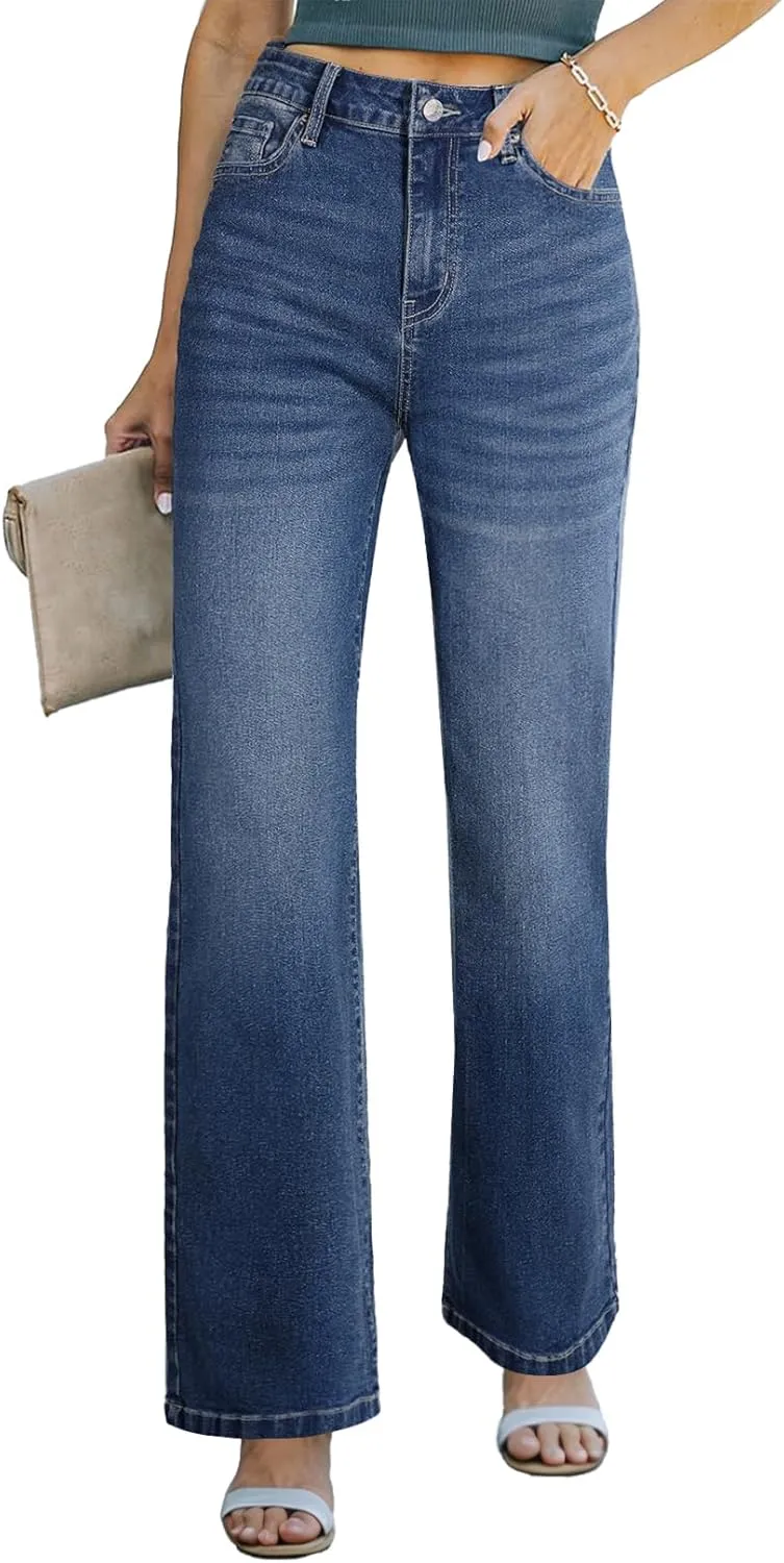 Sidefeel Women's Wide Leg Jeans Casual High Waisted Straight Zimbaplatinum Denim Pants with Pockets