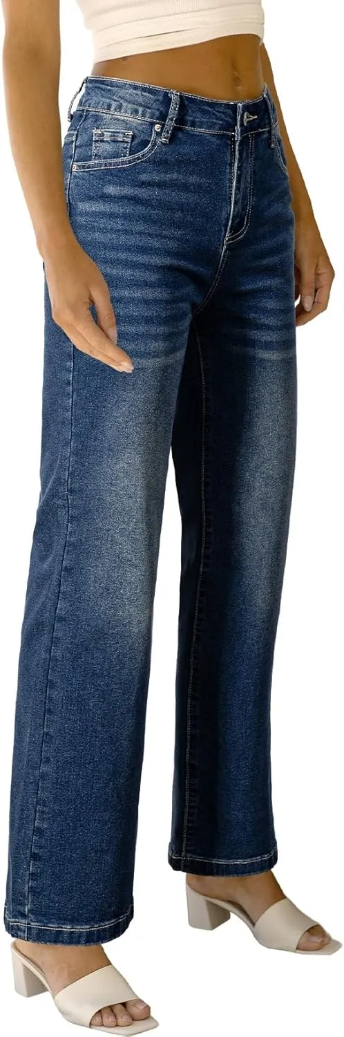 Sidefeel Women's Wide Leg Jeans Casual High Waisted Straight Zimbaplatinum Denim Pants with Pockets
