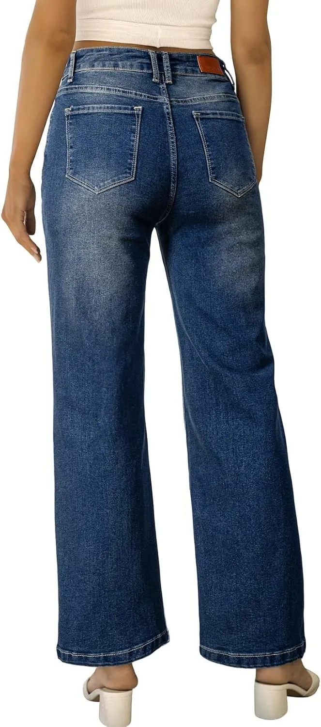 Sidefeel Women's Wide Leg Jeans Casual High Waisted Straight Zimbaplatinum Denim Pants with Pockets