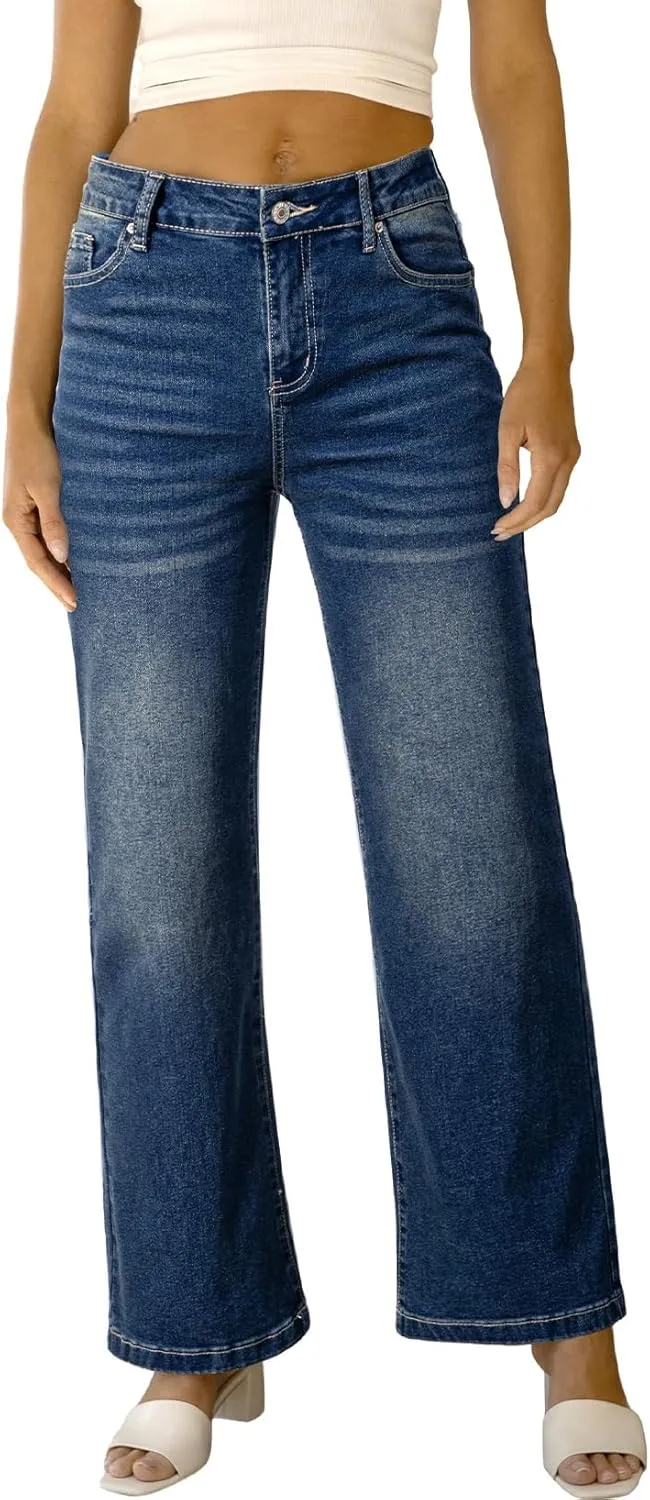 Sidefeel Women's Wide Leg Jeans Casual High Waisted Straight Zimbaplatinum Denim Pants with Pockets
