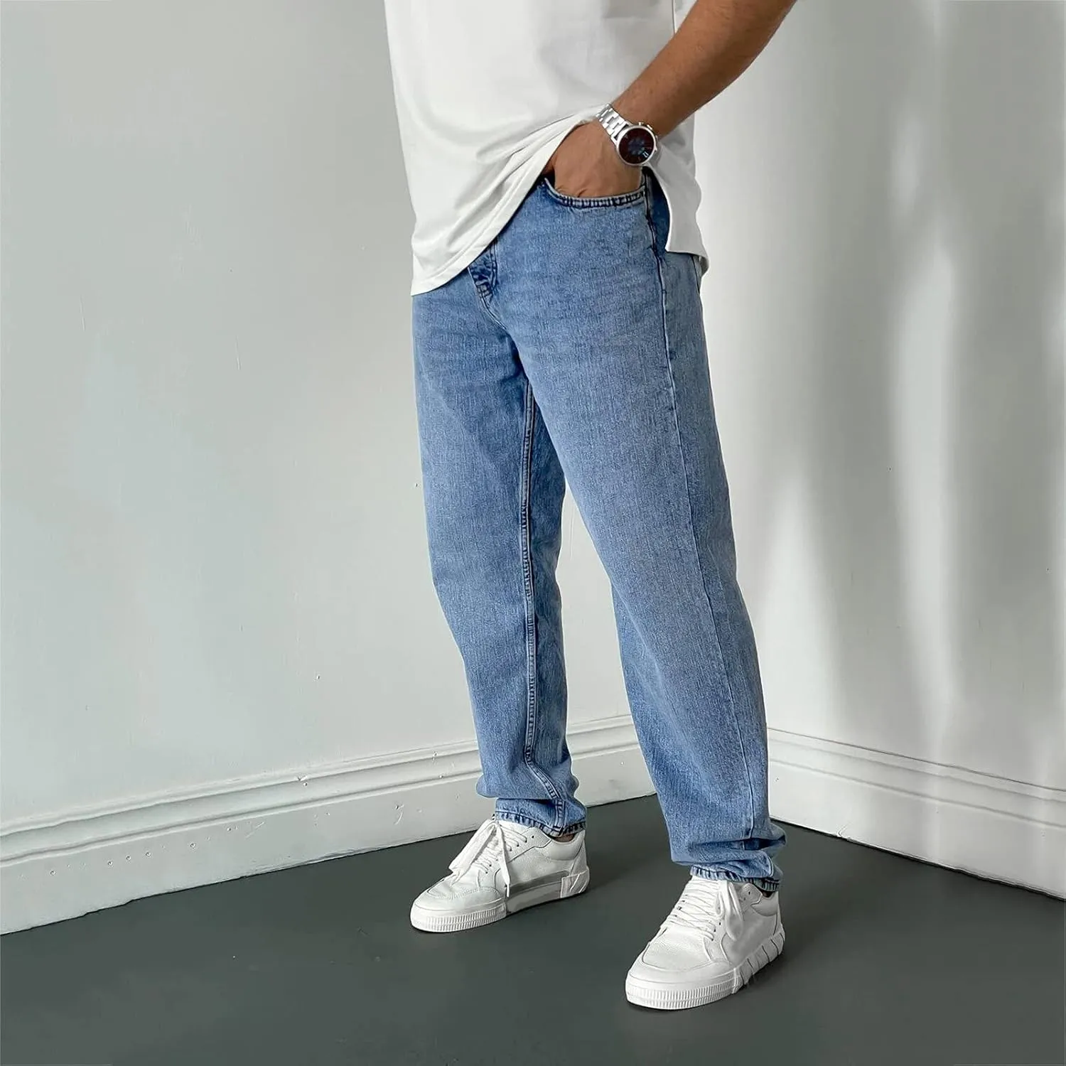 Solid Pocket Jeans Fashion Fly Casual Straight Pants Trousers Zipper Denim Men's Mens 550 Relaxed Fit Jeans