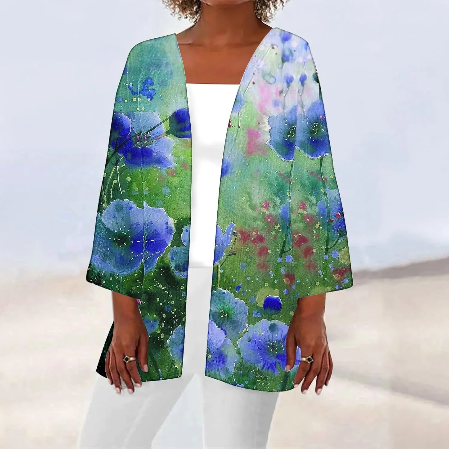 Summer 3/4 Sleeve Cardigans for Women Fashion Floral Oil Printing Cardigan Lightweight Casual Loose Fit Cover Up Top