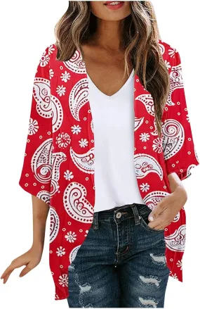 Summer Cardigan for Women Plus Size 3/4 Sleeve Open Front Lightweight Cover Up Tops Vintage Casual Chiffon Blouses