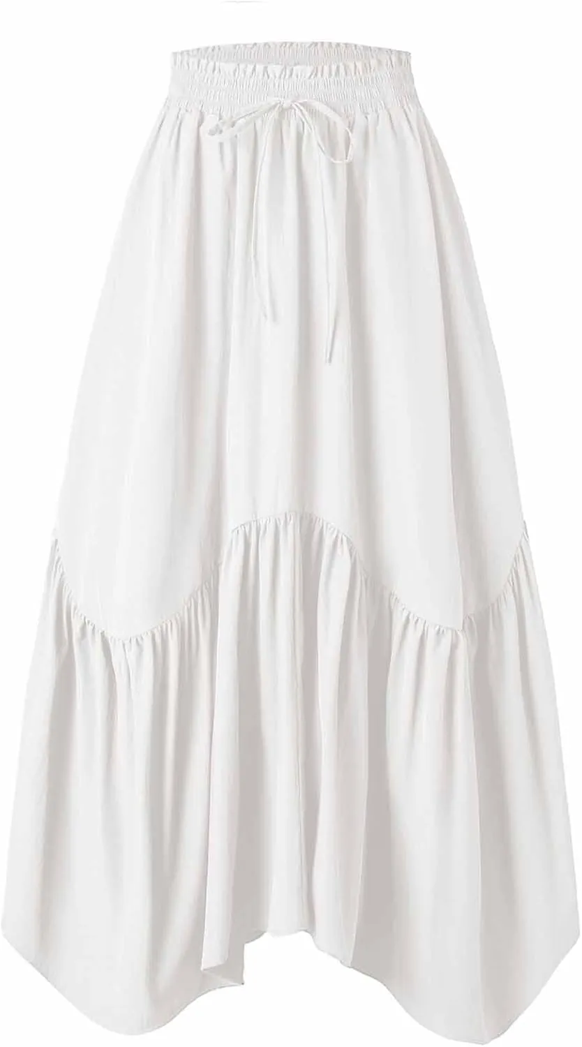 Summer Skirts for Women Asymmetrical Hem Pleated A-Line Dress Elastic Waist Drawstring Flowy Vacation Beach Maxi Skirt
