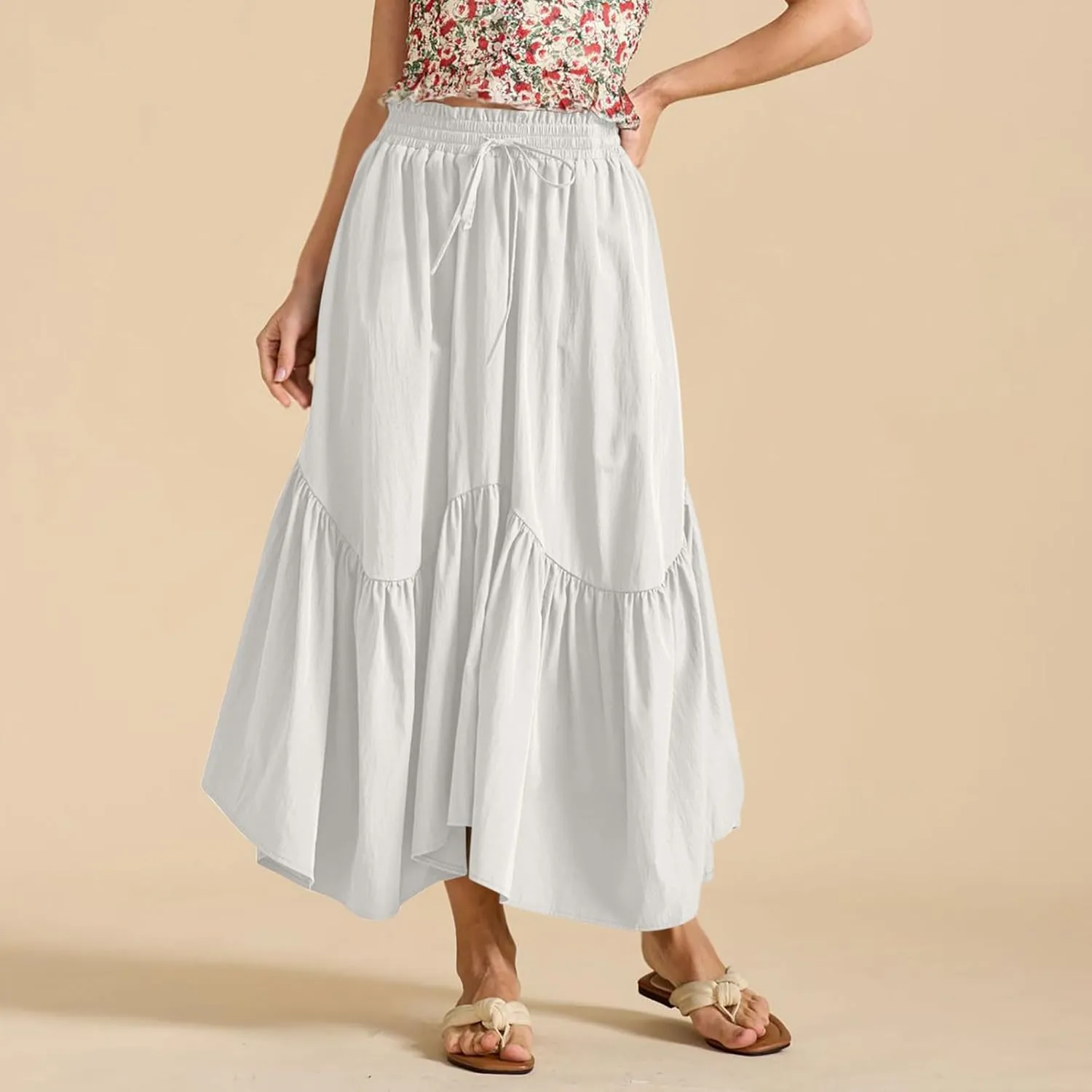 Summer Skirts for Women Asymmetrical Hem Pleated A-Line Dress Elastic Waist Drawstring Flowy Vacation Beach Maxi Skirt