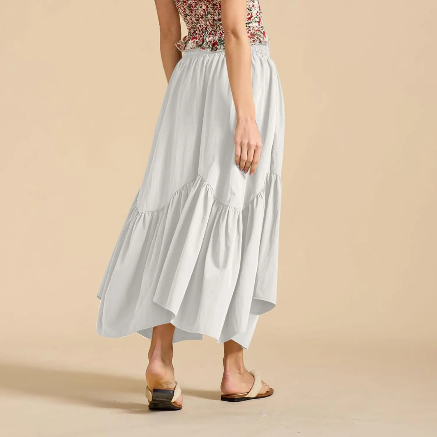 Summer Skirts for Women Asymmetrical Hem Pleated A-Line Dress Elastic Waist Drawstring Flowy Vacation Beach Maxi Skirt