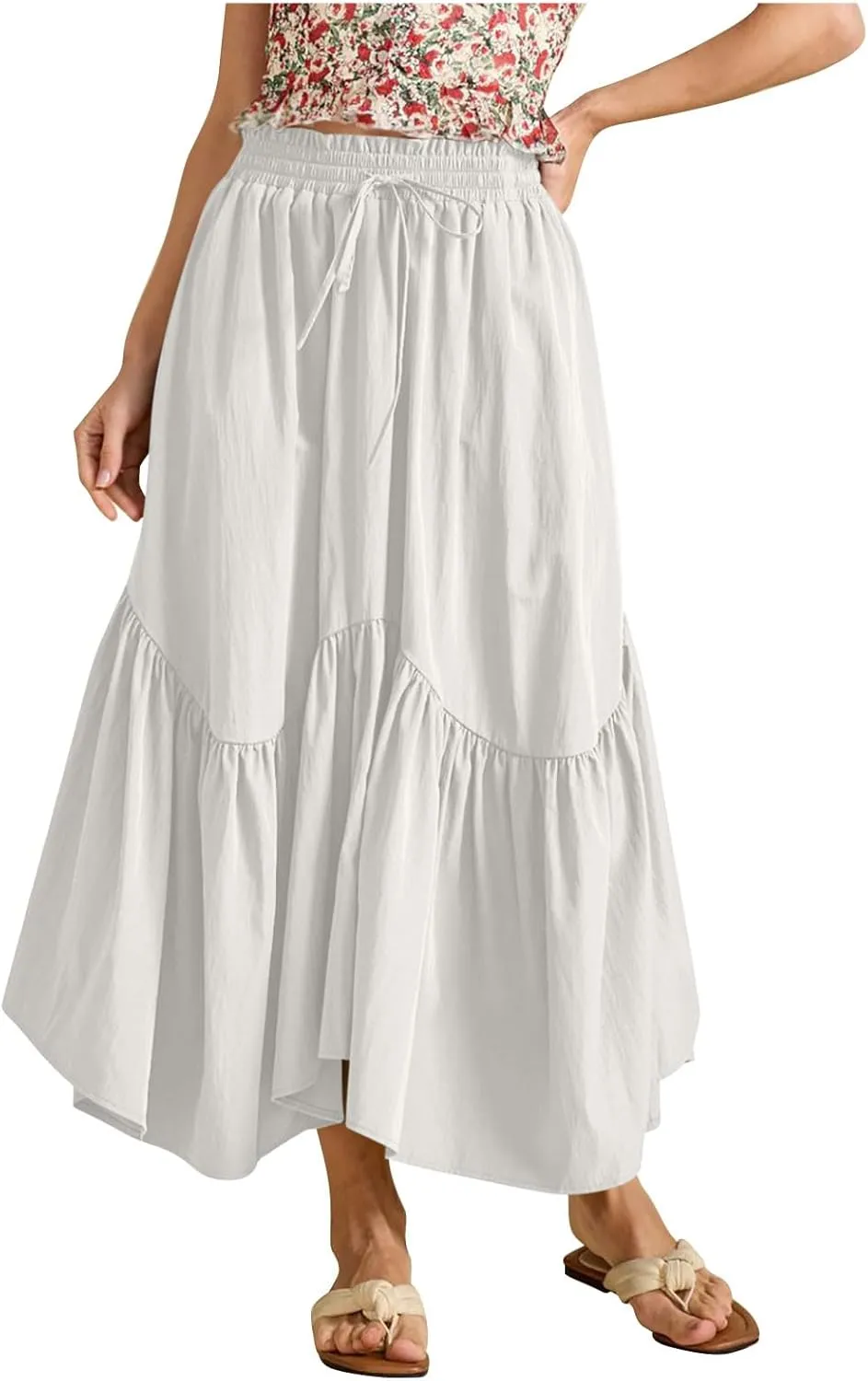 Summer Skirts for Women Asymmetrical Hem Pleated A-Line Dress Elastic Waist Drawstring Flowy Vacation Beach Maxi Skirt