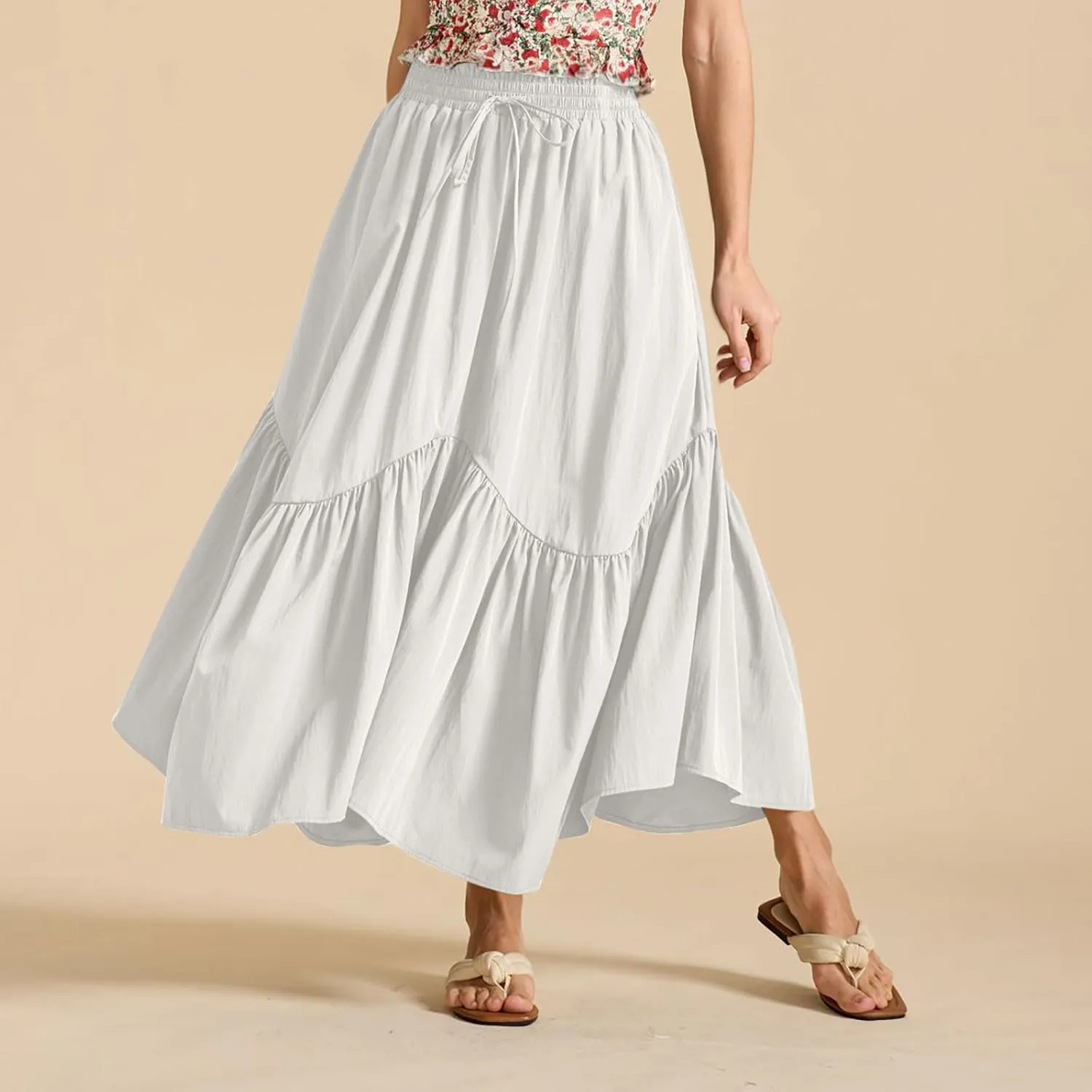 Summer Skirts for Women Asymmetrical Hem Pleated A-Line Dress Elastic Waist Drawstring Flowy Vacation Beach Maxi Skirt