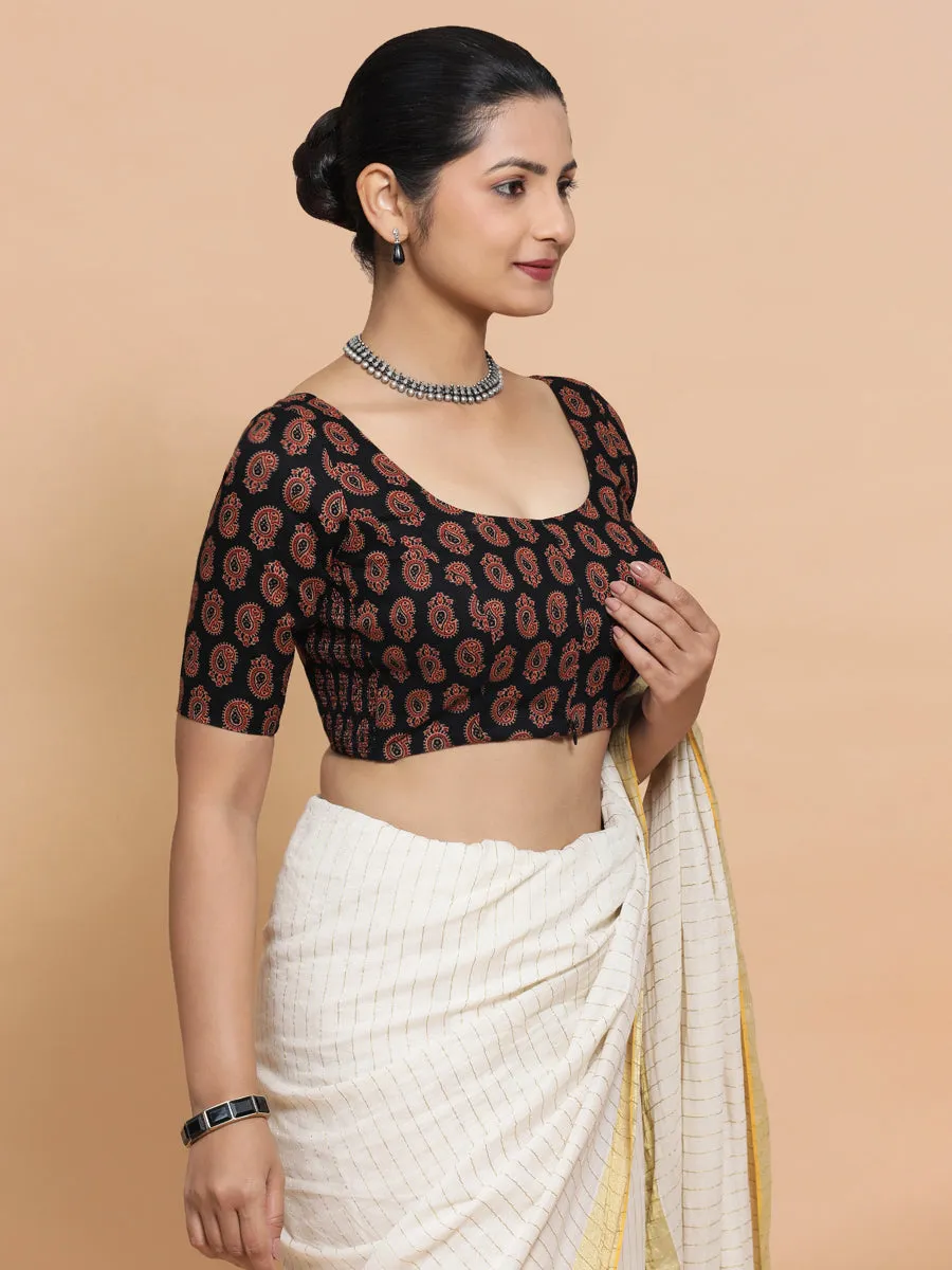 Tara x Rozaana | Elbow Sleeves Cotton Saree Blouse in Black Mango Block Print Fabric