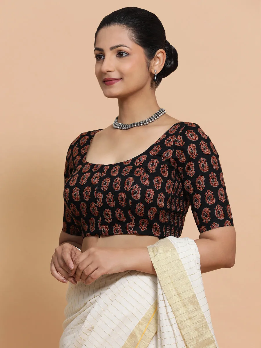 Tara x Rozaana | Elbow Sleeves Cotton Saree Blouse in Black Mango Block Print Fabric
