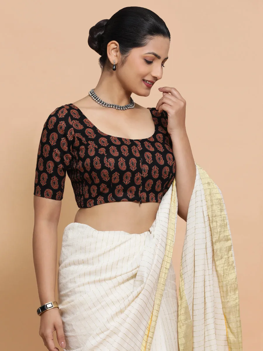 Tara x Rozaana | Elbow Sleeves Cotton Saree Blouse in Black Mango Block Print Fabric