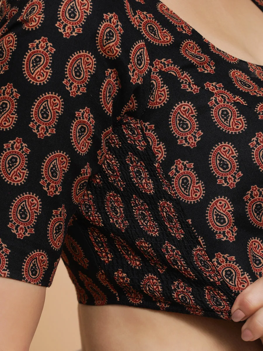 Tara x Rozaana | Elbow Sleeves Cotton Saree Blouse in Black Mango Block Print Fabric