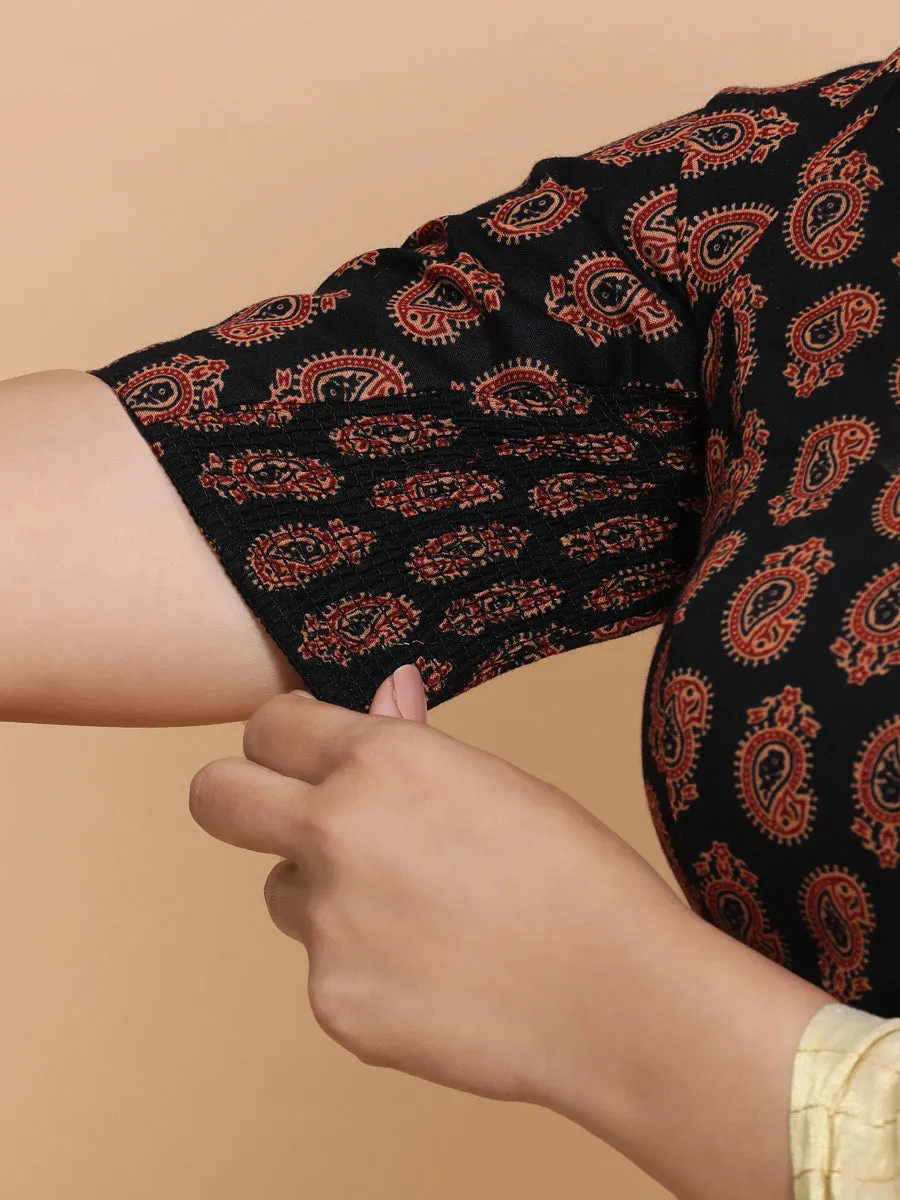 Tara x Rozaana | Elbow Sleeves Cotton Saree Blouse in Black Mango Block Print Fabric