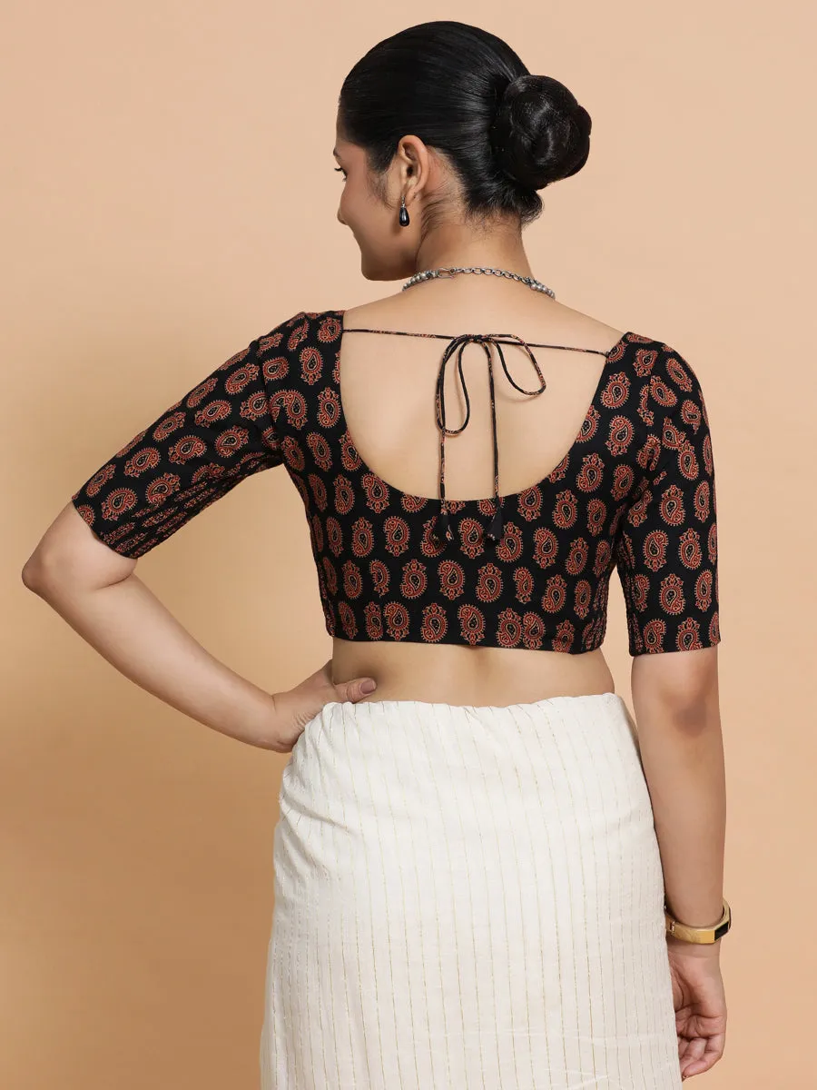 Tara x Rozaana | Elbow Sleeves Cotton Saree Blouse in Black Mango Block Print Fabric