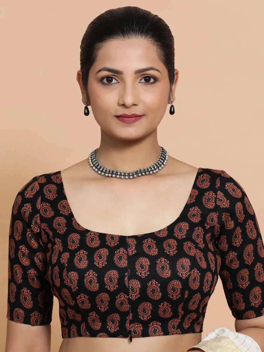 Tara x Rozaana | Elbow Sleeves Cotton Saree Blouse in Black Mango Block Print Fabric