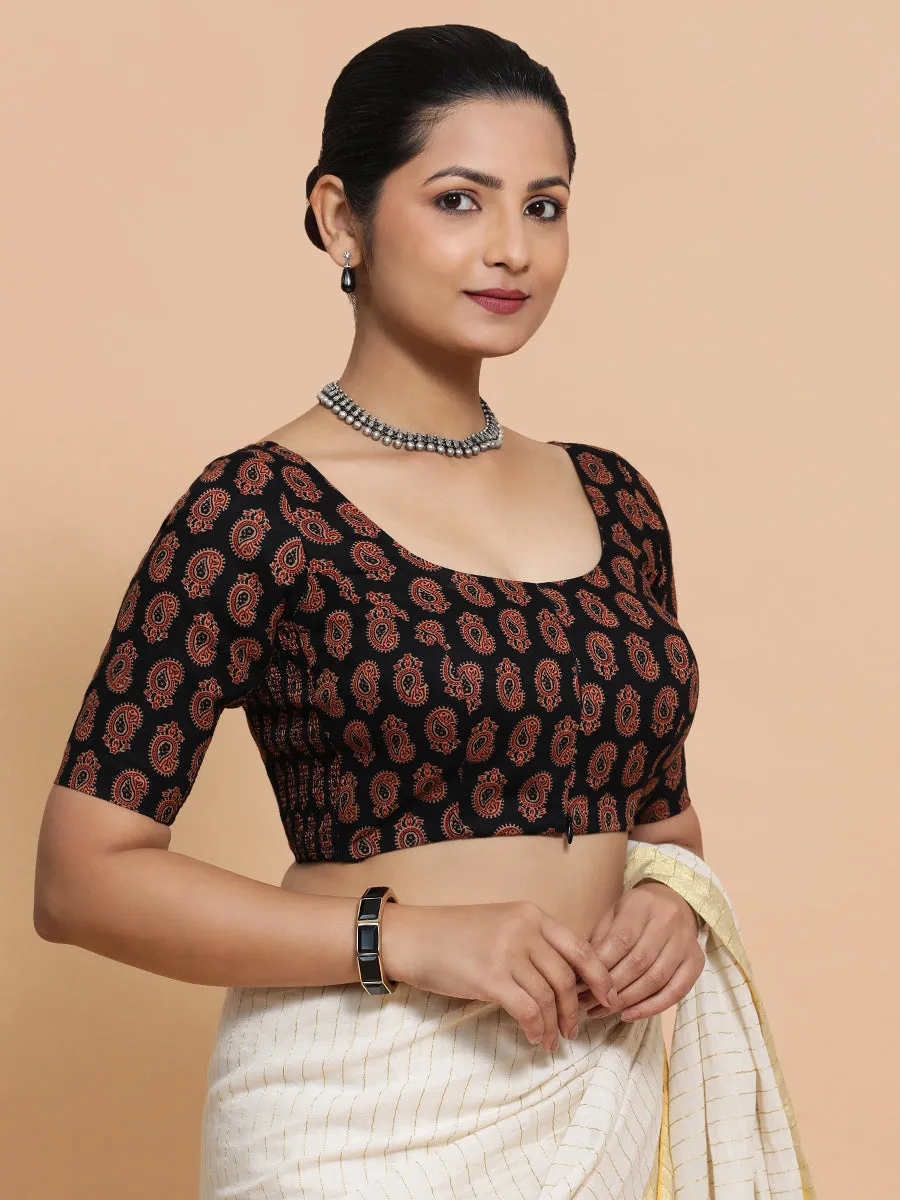 Tara x Rozaana | Elbow Sleeves Cotton Saree Blouse in Black Mango Block Print Fabric