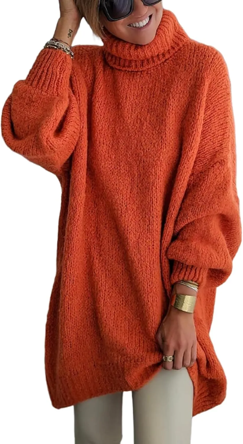 Turtleneck Oversized Long Sweaters Batwing Sleeve Casual Solid Loose Knit Pullover Tops Fashion Clothes 2025