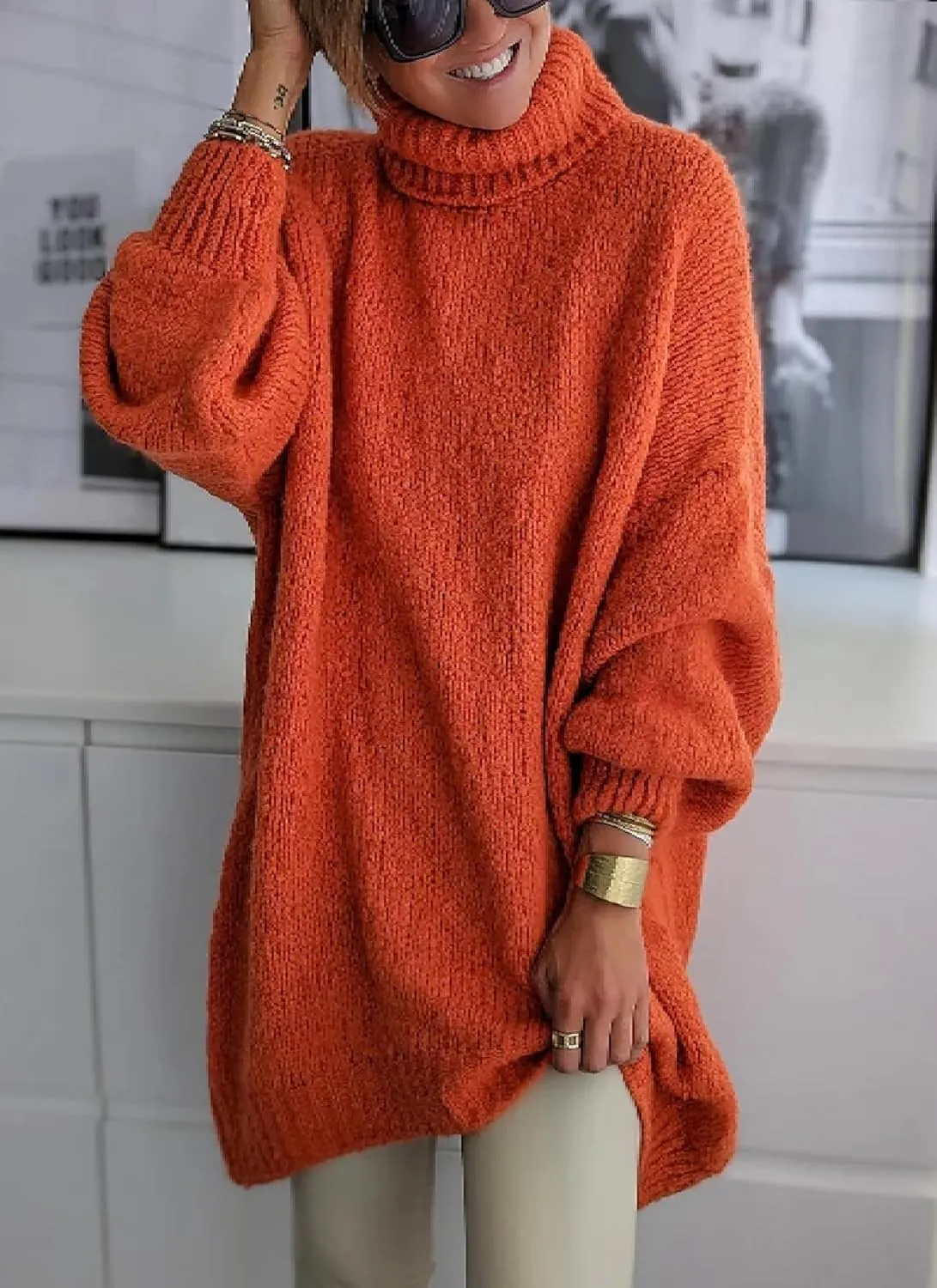 Turtleneck Oversized Long Sweaters Batwing Sleeve Casual Solid Loose Knit Pullover Tops Fashion Clothes 2025