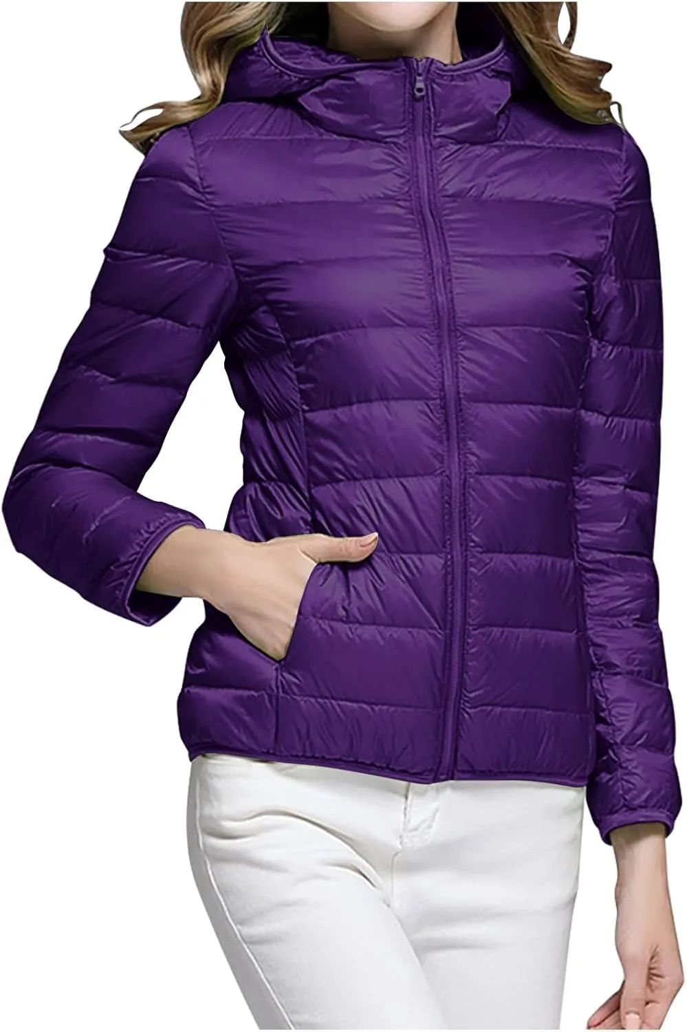 Uillui Women's Packable Ultra-Light Down Jacket Hooded Quilted Puffer Jacket Zippered Pockets Water-Resistant Winter Coats