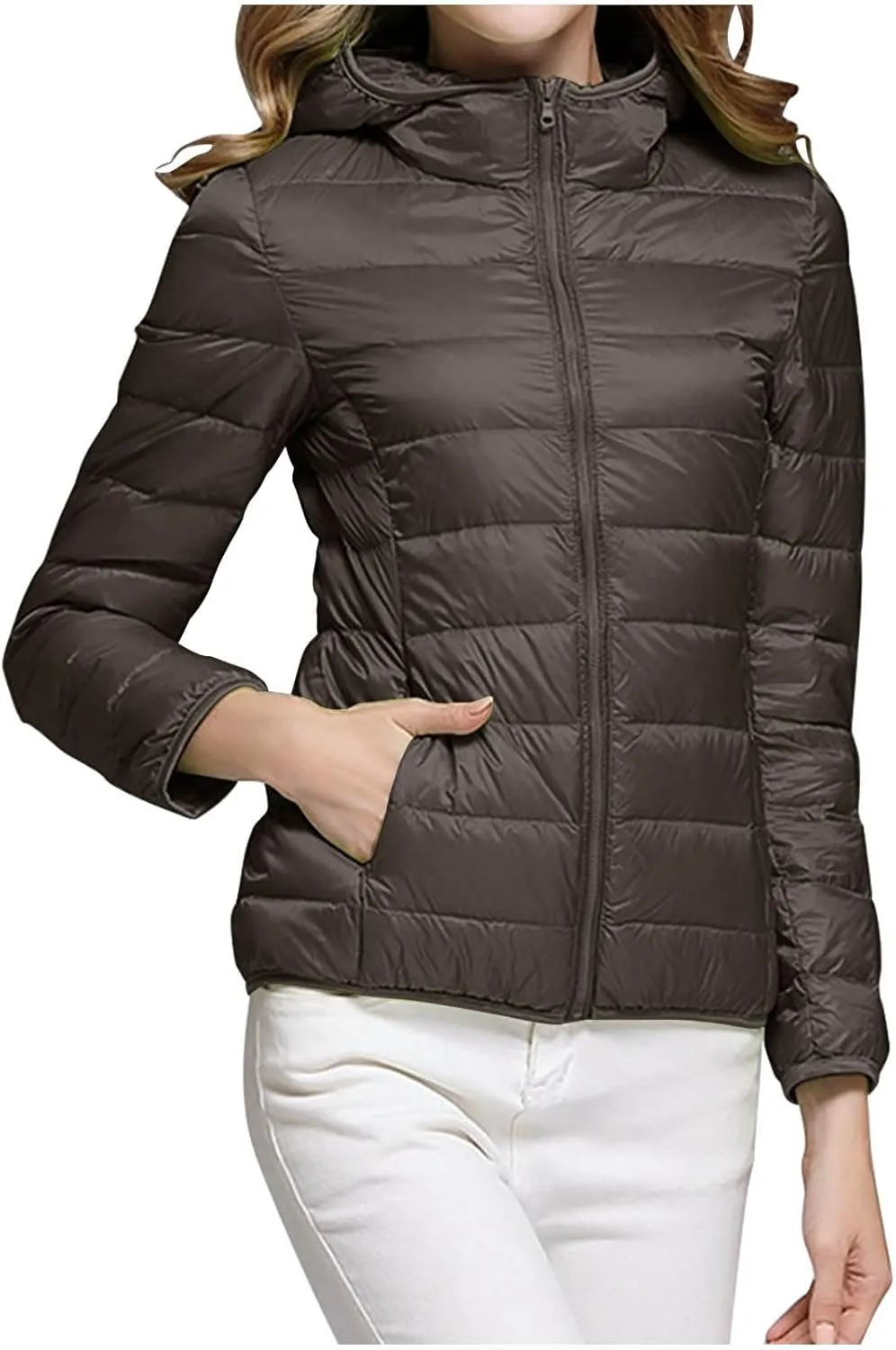 Uillui Women's Packable Ultra-Light Down Jacket Hooded Quilted Puffer Jacket Zippered Pockets Water-Resistant Winter Coats