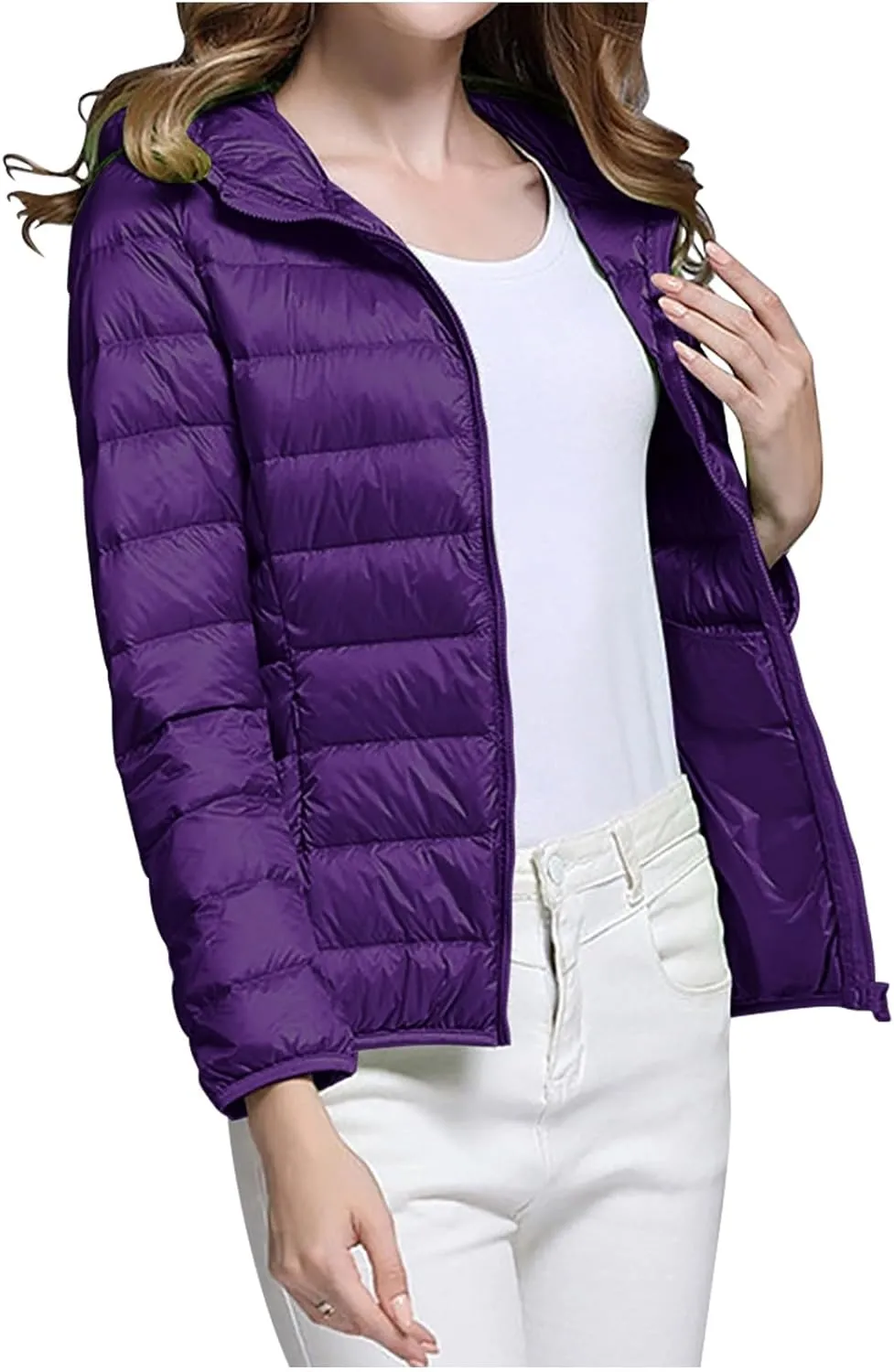 Uillui Women's Packable Ultra-Light Down Jacket Hooded Quilted Puffer Jacket Zippered Pockets Water-Resistant Winter Coats