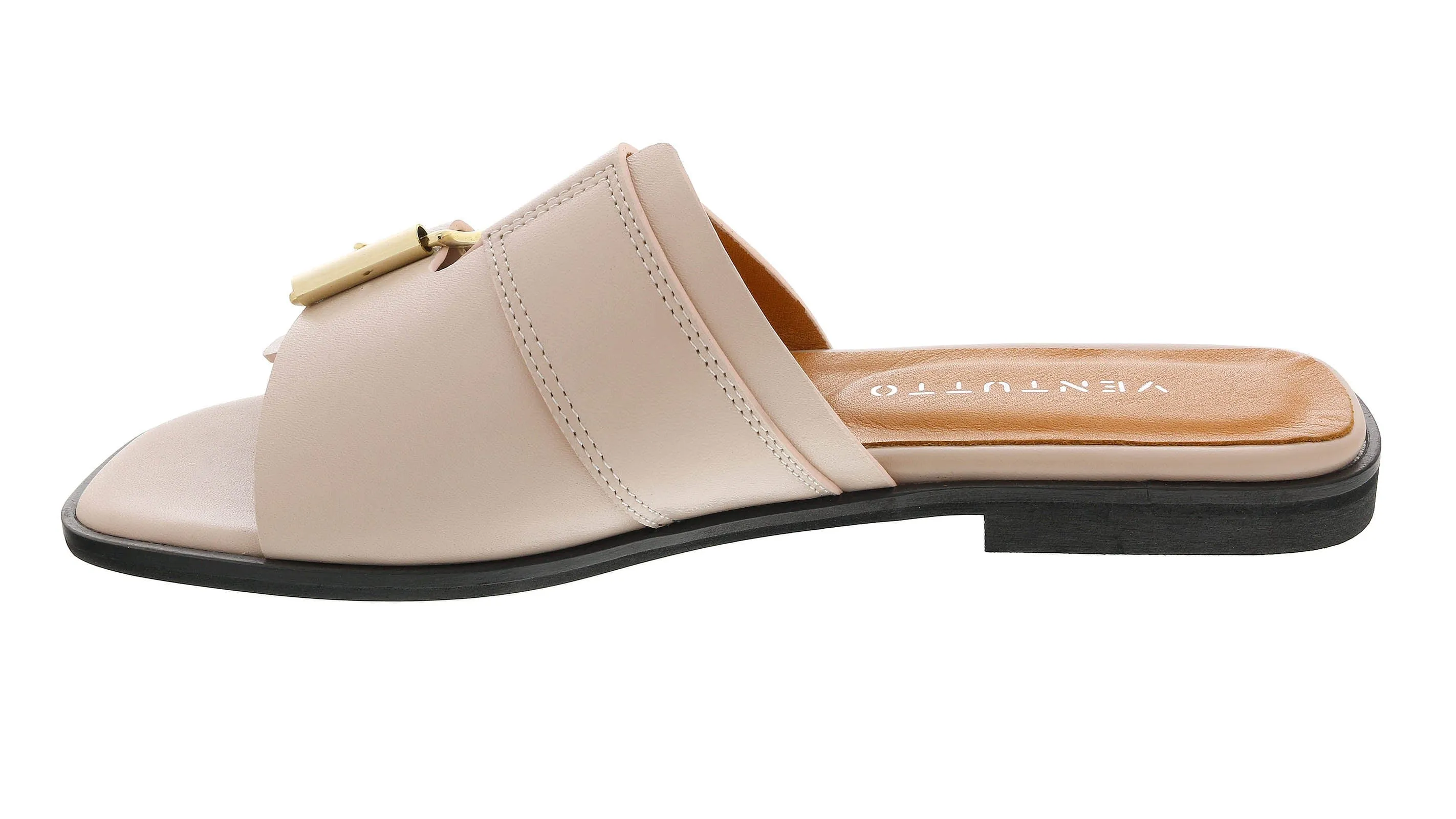Ventutto Powder Pink Buckle Flat Leather Slide-
