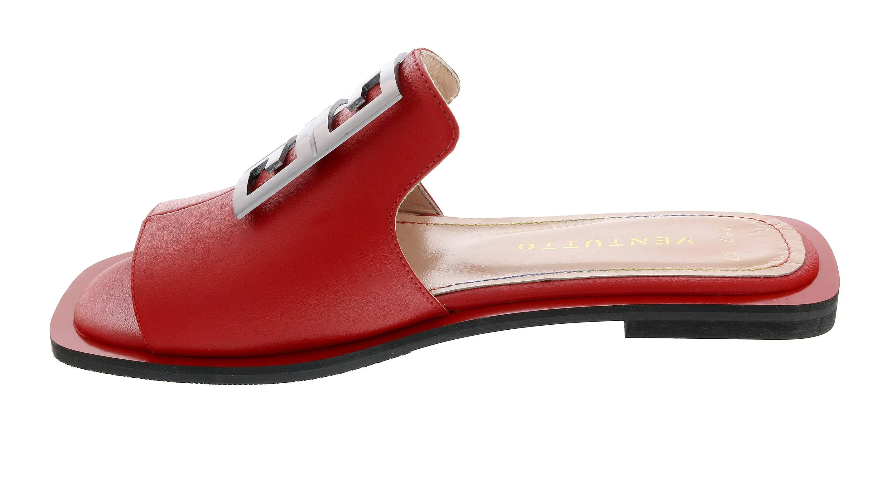 Ventutto Red Crest Flat Leather Slide-