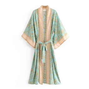Vintage Boho  Floral Print Long Kimono Tunic Cardigan  Summer Belted Beachwear