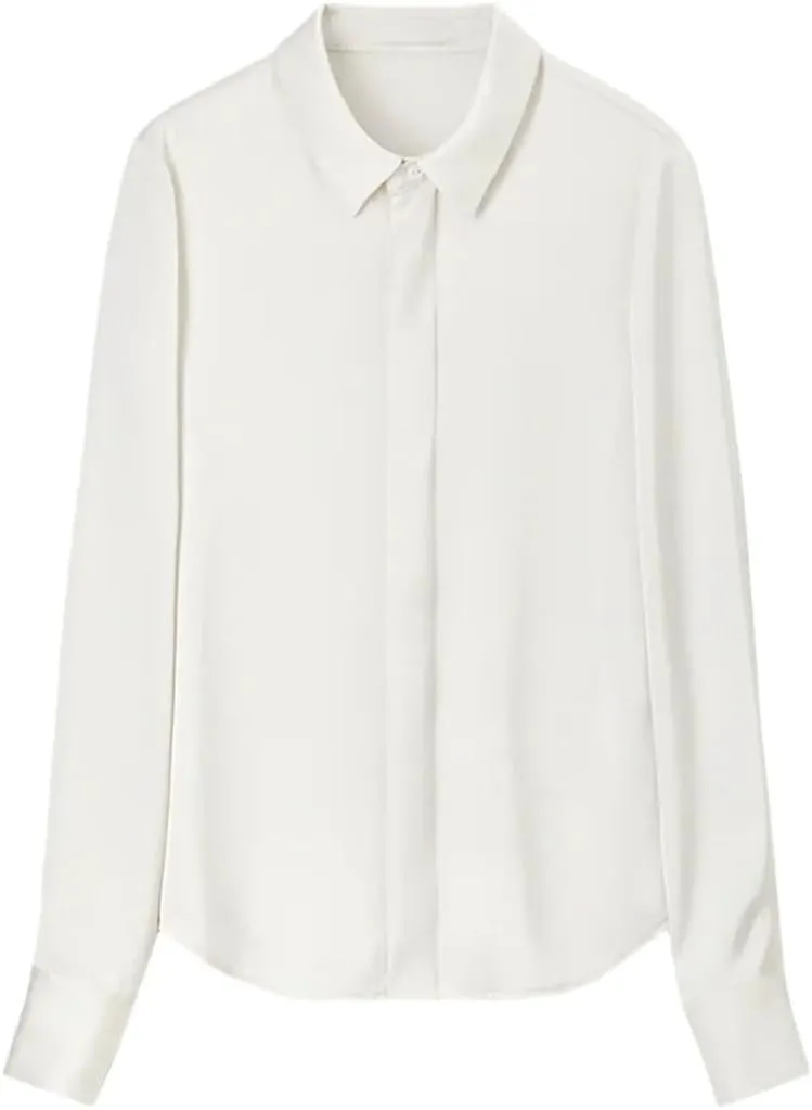 Women Formal Satin Shirt Classic Solid Turn Down Collar Blouse Button Down Work Business Blouse