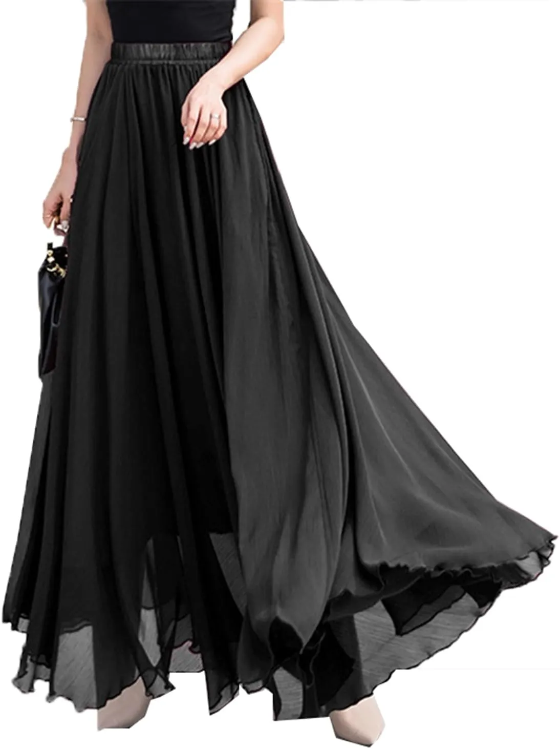 Women’s Elastic Waist Chiffon Maxi Skirt Flowy Full Length Beach Skirt