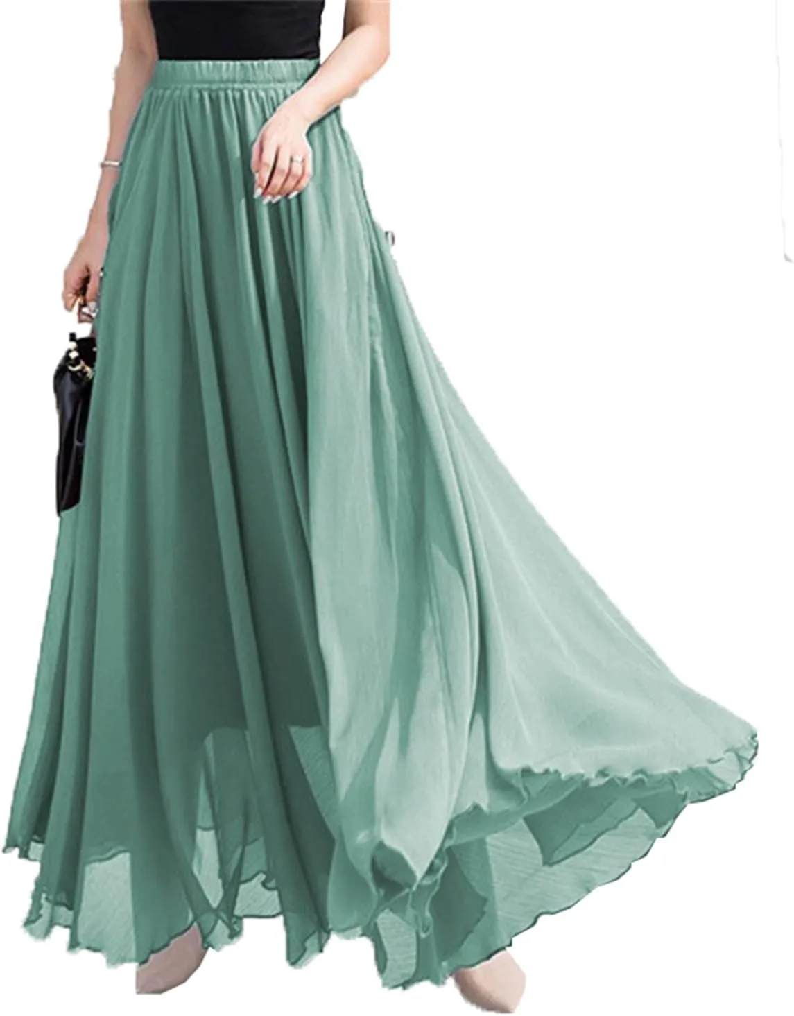 Women’s Elastic Waist Chiffon Maxi Skirt Flowy Full Length Beach Skirt