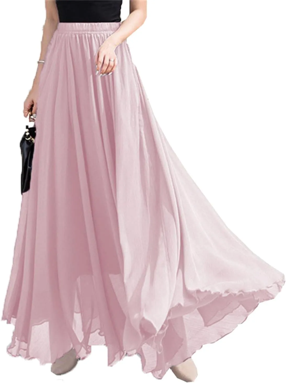 Women’s Elastic Waist Chiffon Maxi Skirt Flowy Full Length Beach Skirt
