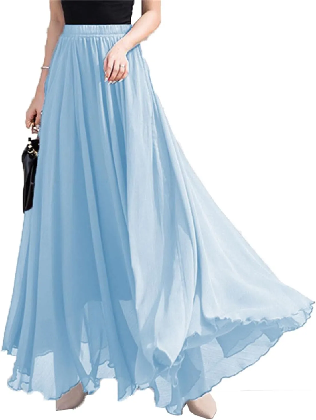 Women’s Elastic Waist Chiffon Maxi Skirt Flowy Full Length Beach Skirt