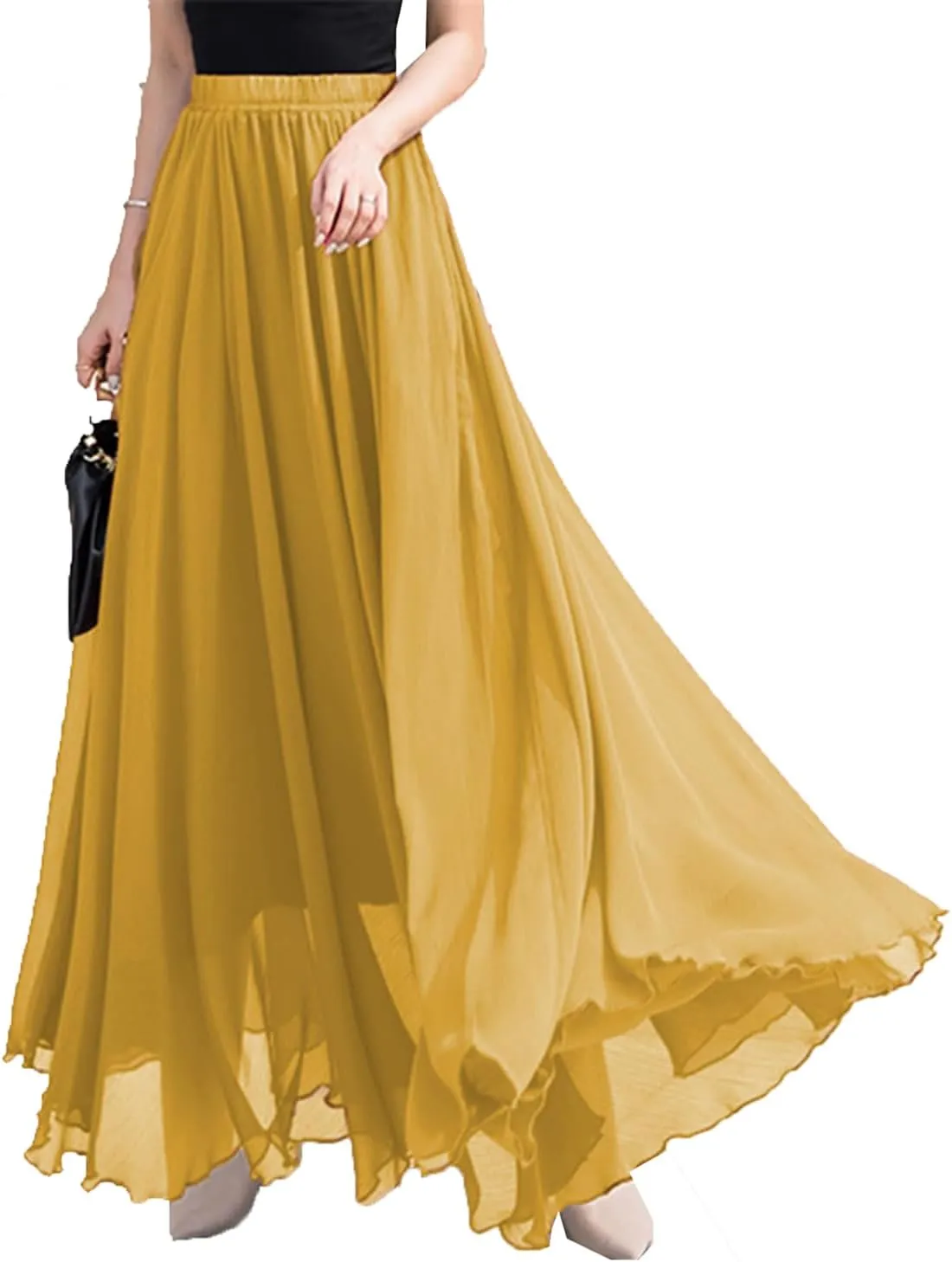 Women’s Elastic Waist Chiffon Maxi Skirt Flowy Full Length Beach Skirt