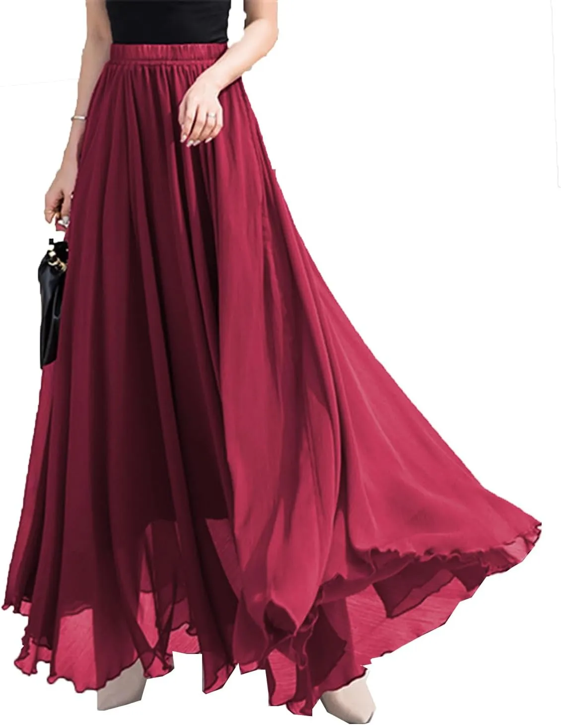 Women’s Elastic Waist Chiffon Maxi Skirt Flowy Full Length Beach Skirt