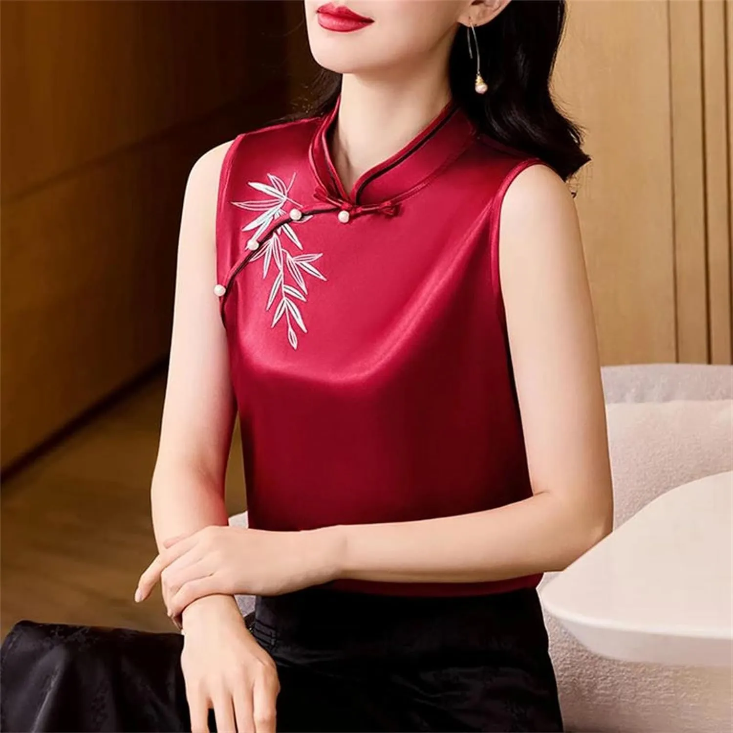 Women's Embroidered Satin Shirt Sleeveless Mandarin Collar Button-Down Blouse Breathable Wedding Guest Outfit