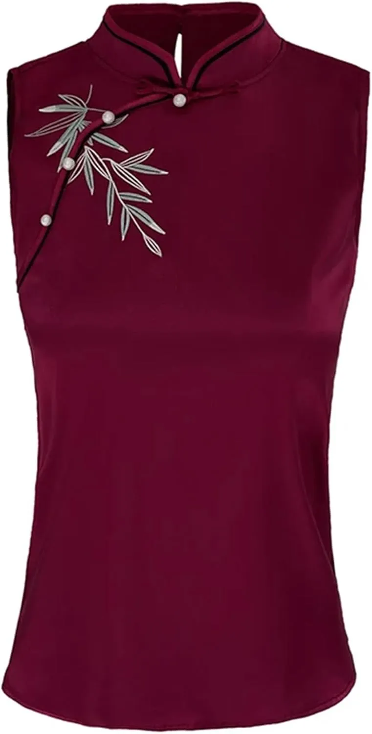 Women's Embroidered Satin Shirt Sleeveless Mandarin Collar Button-Down Blouse Breathable Wedding Guest Outfit