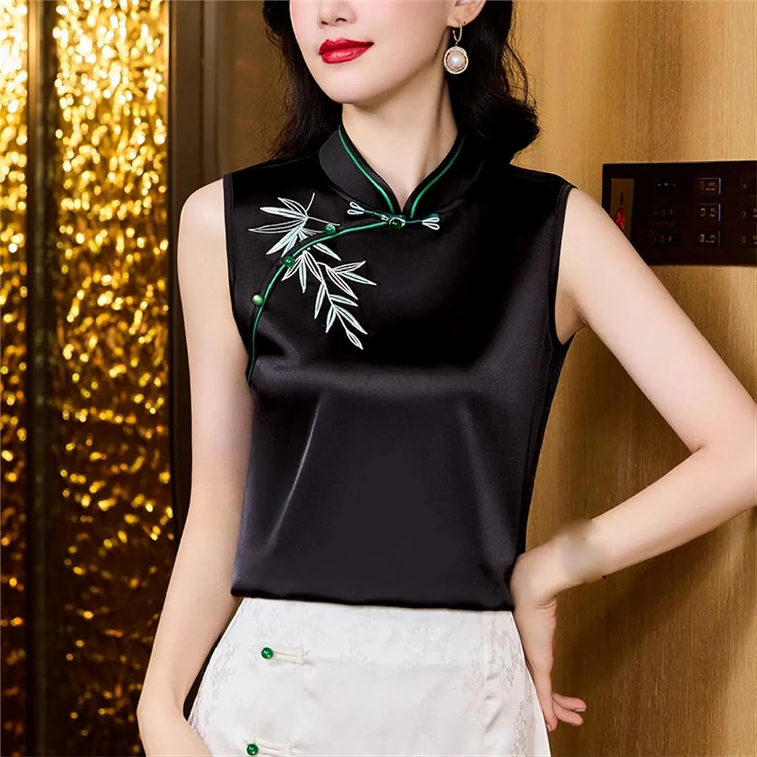 Women's Embroidered Satin Shirt Sleeveless Mandarin Collar Button-Down Blouse Breathable Wedding Guest Outfit