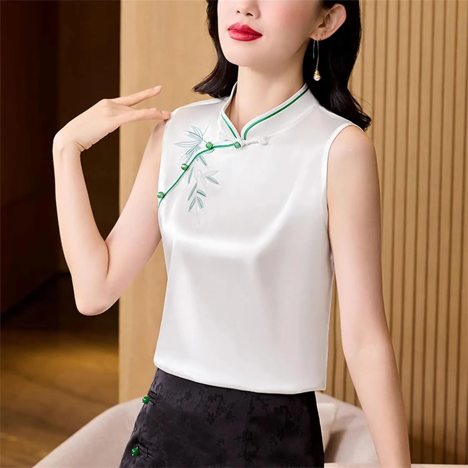 Women's Embroidered Satin Shirt Sleeveless Mandarin Collar Button-Down Blouse Breathable Wedding Guest Outfit