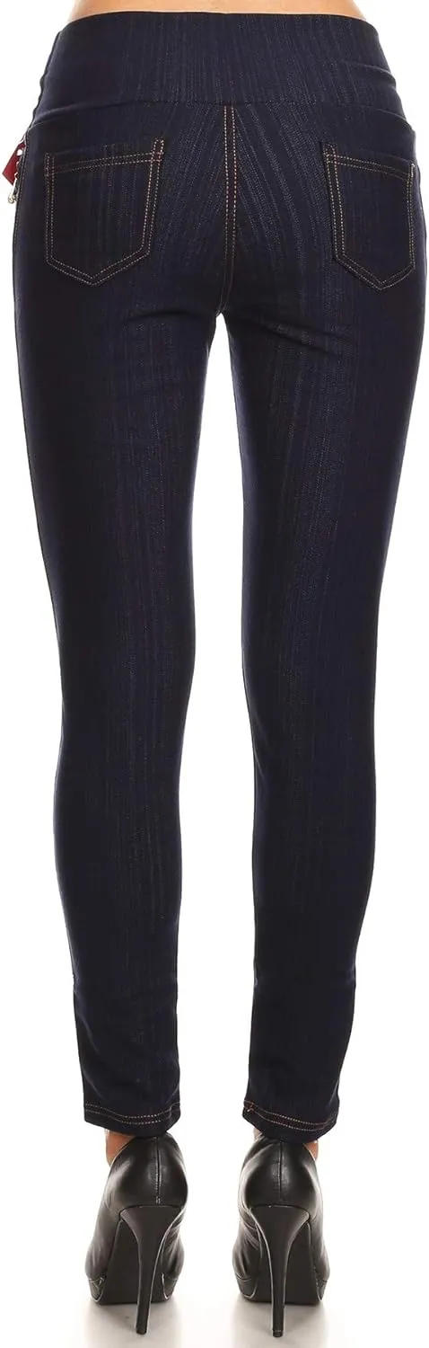 Women's High Waisted Jeggings- Light Fleece Lined Pull On Skinny Pants Stretch Knit Denim Leggings Regular -Plus Size