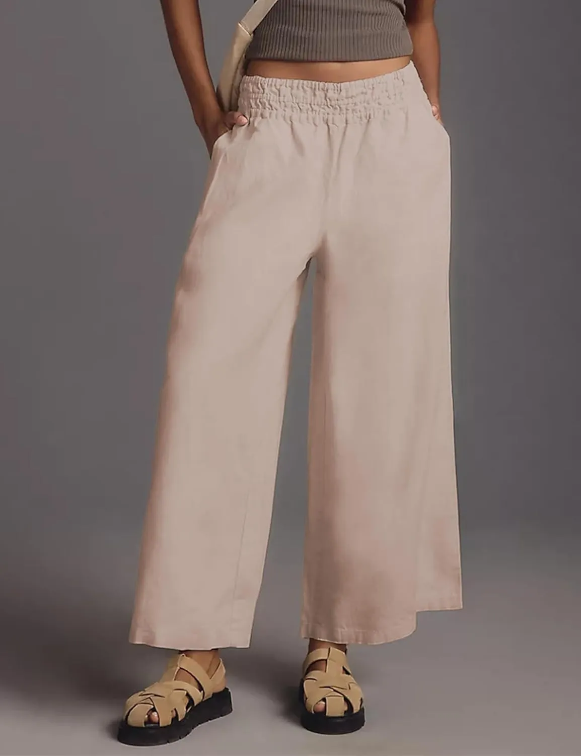 Women's Linen Pants Summer Casual Wide Leg Palazzo Pants High Waist Beach Travel Trousers